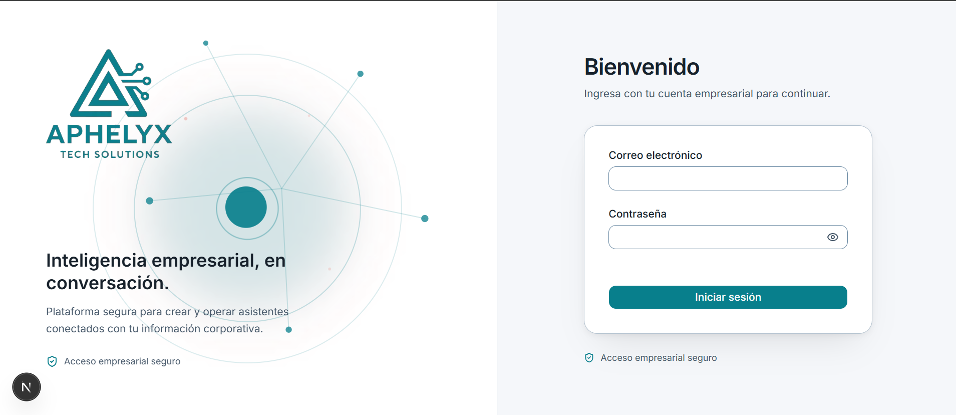 Pantalla de inicio de sesión de Aphelyx