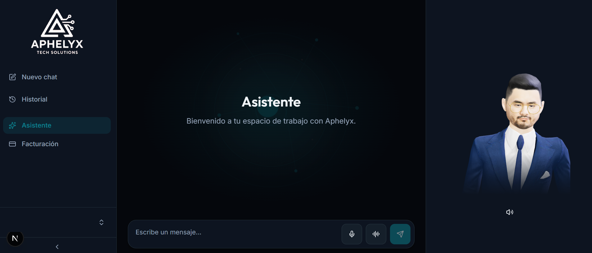 Vista de usuario de Aphelyx con navegación simplificada y avatar profesional