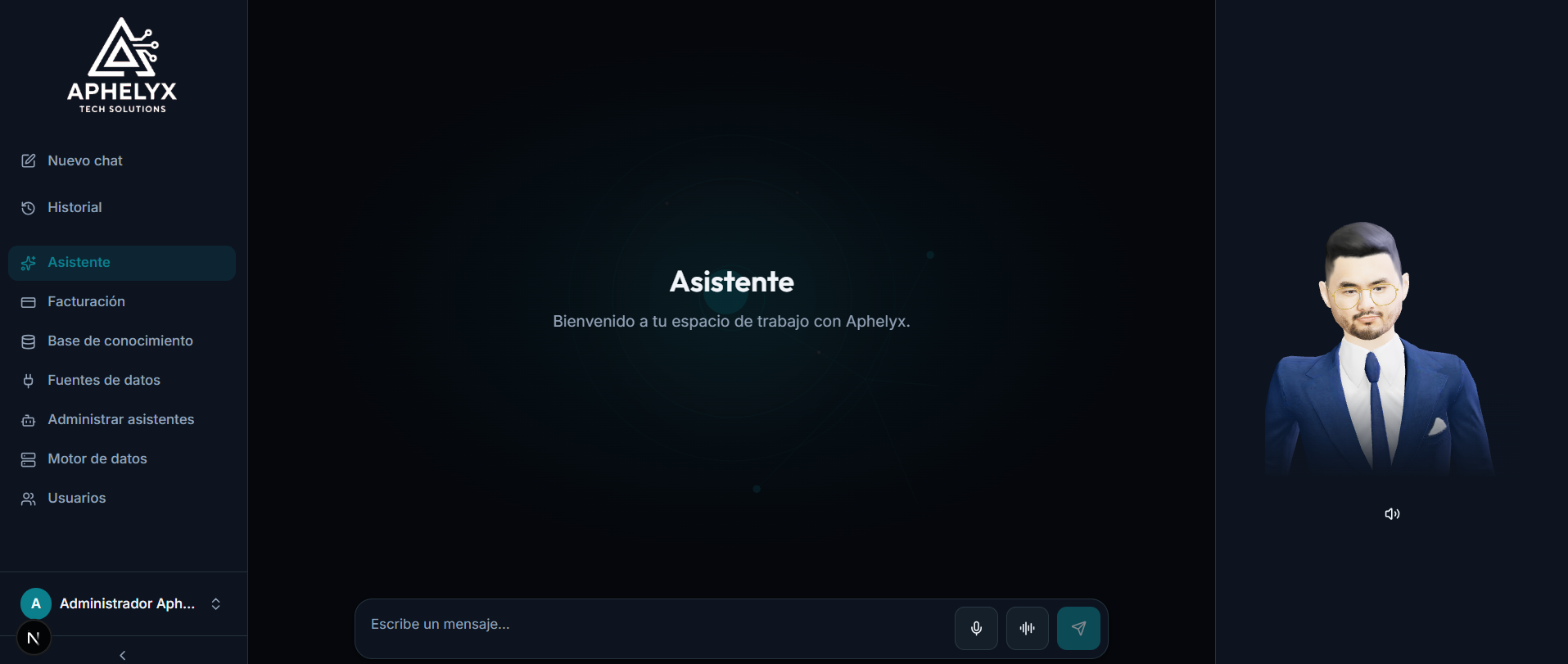 Vista general del espacio de trabajo de Aphelyx con el avatar del asistente